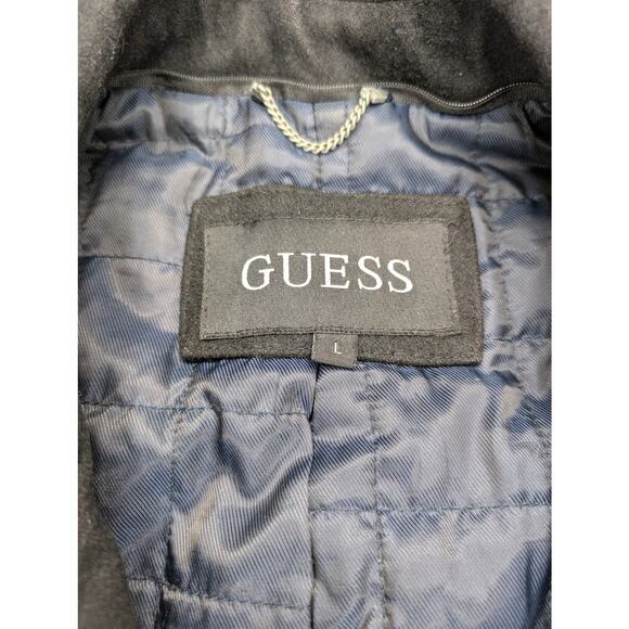 GUESS Wool Mens Peacoat Large Black Business Winter Coat - Picture 3 of 6